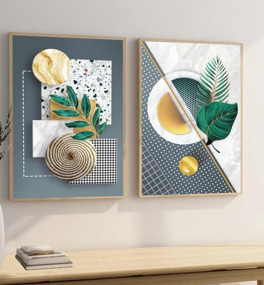 Quadros Decorativos Folhas Verdes Dourada Gold com Moldura