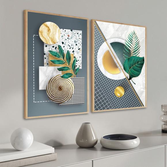 Quadros Decorativos Folhas Verdes Dourada Gold com Moldura