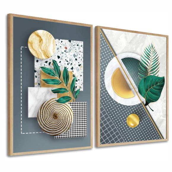 Quadros Decorativos Folhas Verdes Dourada Gold com Moldura