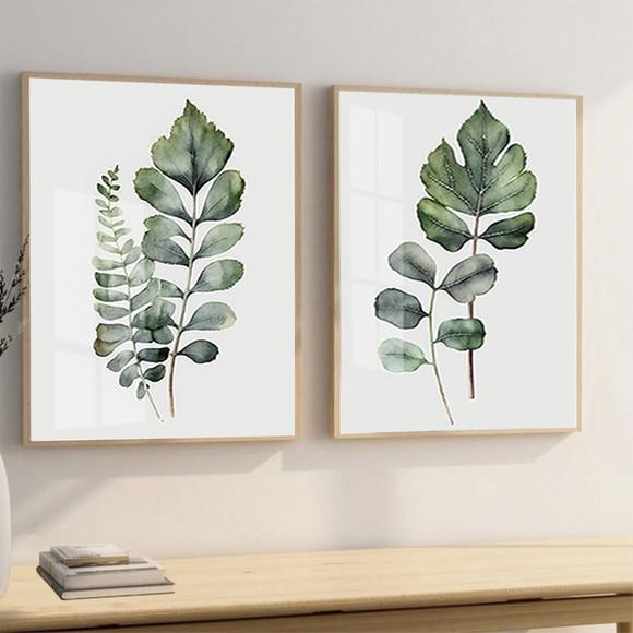 Quadros Decorativos Folhas Verdes Quarto Sala Vidro Moldura