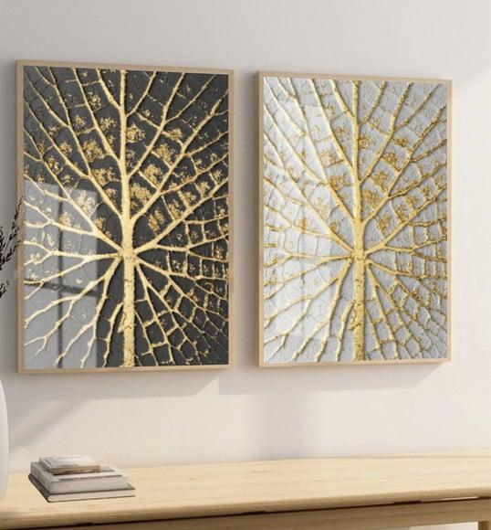 Quadros Decorativos Galhos Dourados Modernos Moldura E Vidro
