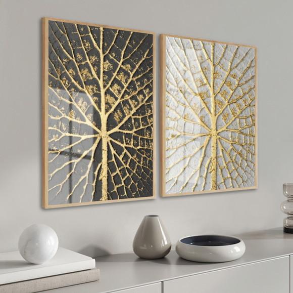 Quadros Decorativos Galhos Dourados Modernos Moldura E Vidro
