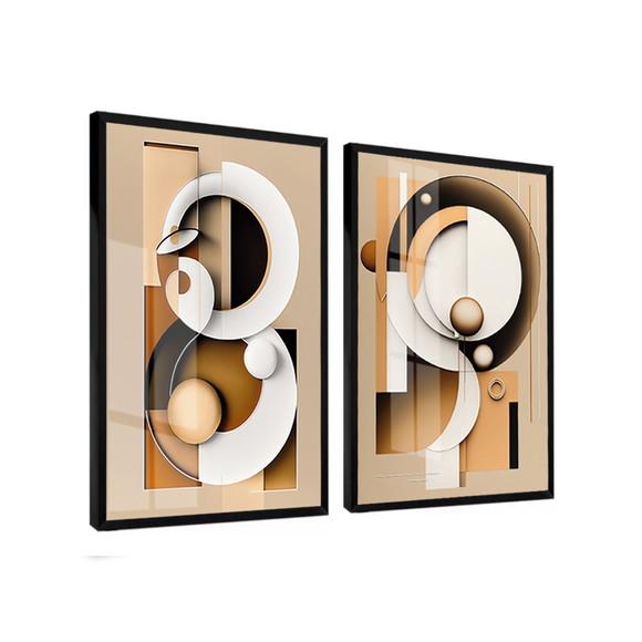 Quadros Decorativos Geométrico Abstrato Bege Moldura e Vidro