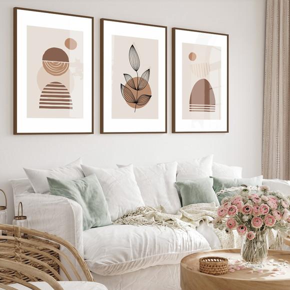 Quadros Decorativos Geométrico Abstrato Bege Vidro e Moldura