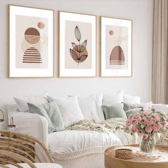 Quadros Decorativos Geométrico Abstrato Bege Vidro e Moldura