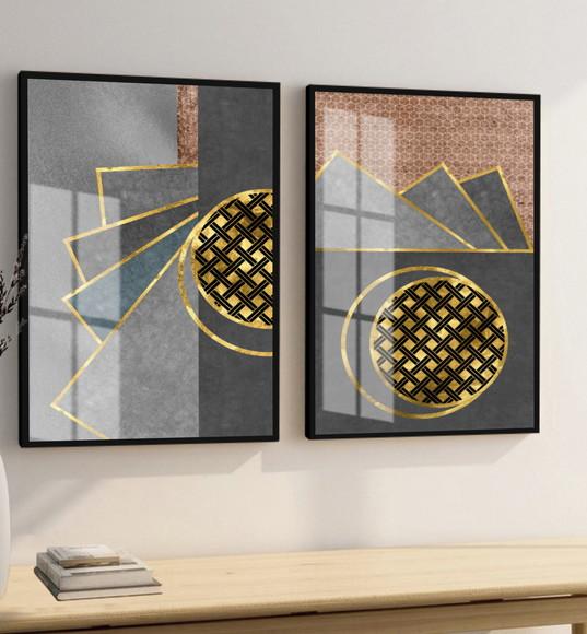 Quadros Decorativos Geométrico Dourado Gold Moldura E Vidro