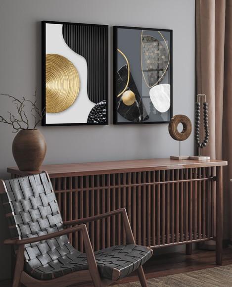 Quadros Decorativos Geométrico Dourado Moderno Moldura Vidro