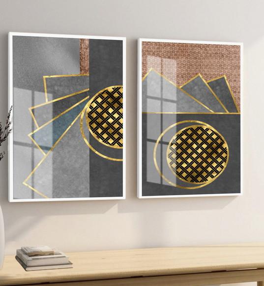 Quadros Decorativos Geométrico Dourado Moderno Moldura Vidro