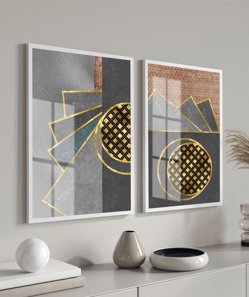 Quadros Decorativos Geométrico Dourado Moderno Moldura Vidro