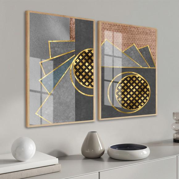 Quadros Decorativos Geométrico Dourado Moderno Vidro Moldura