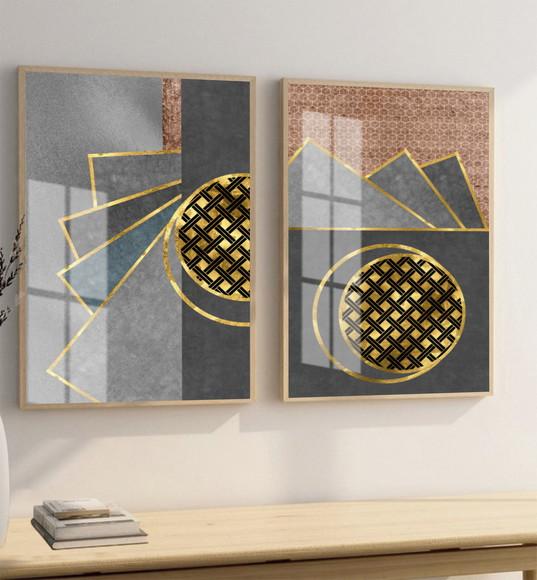 Quadros Decorativos Geométrico Dourado Moderno Vidro Moldura