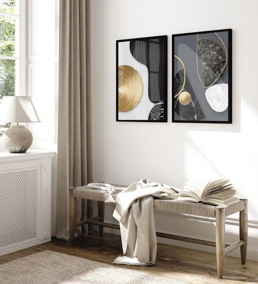 Quadros Decorativos Geométrico Dourado Moderno Moldura Vidro