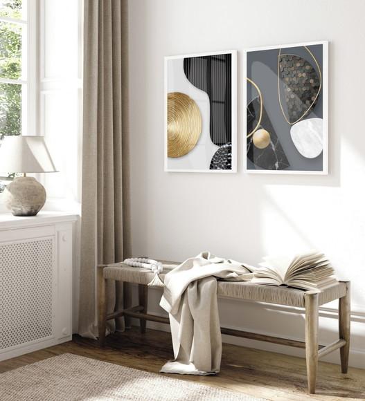 Quadros Decorativos Geométrico Moderno Dourado Moldura Vidro
