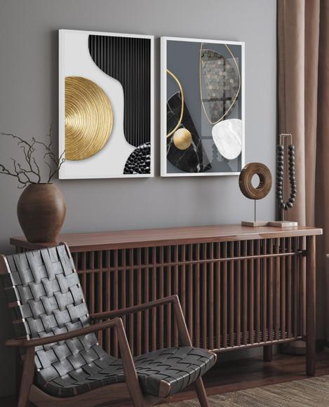 Quadros Decorativos Geométrico Moderno Dourado Moldura Vidro