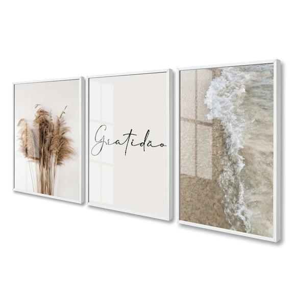 Quadros Decorativos Gratidão Folhagem Boho Moldura e Vidro