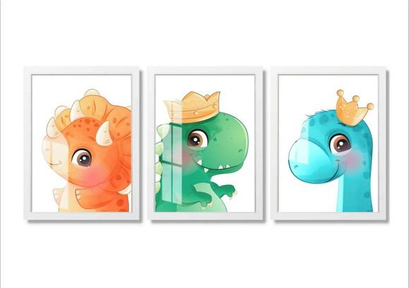Quadros Decorativos Infantil Dinossauros Com Moldura e Vidro