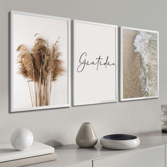Quadros Decorativos Gratidão Folhagem Bege Boho Mar Moldura