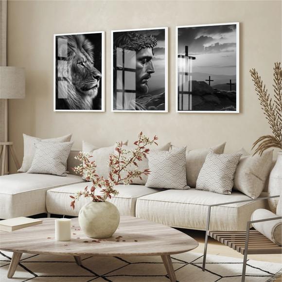 Quadros Decorativos Jesus Cristo Rosto Leão Moldura e Vidro