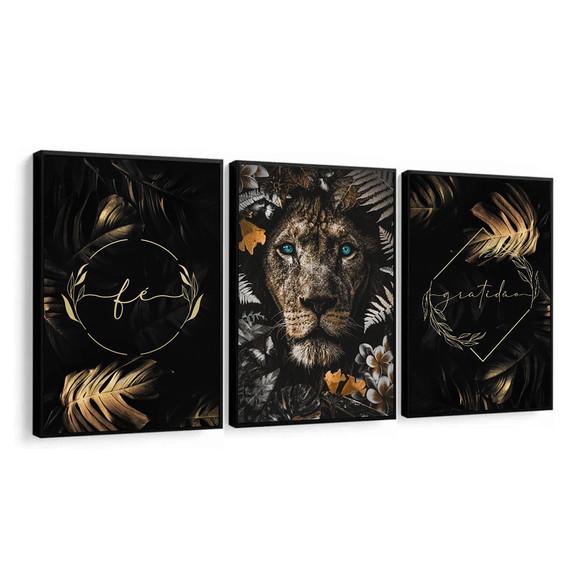 Quadros Decorativos Leão Folhagem Dourada Frases Com Moldura
