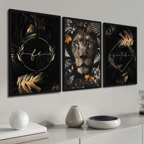 Quadros Decorativos Leão Folhagem Dourada Frases Com Moldura