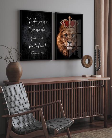 Quadros Decorativos Leão Frases Filipenses Moldura e Vidro