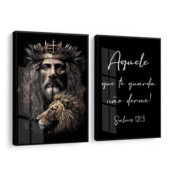 Quadros Decorativos Leão Jesus Cristo Salmos Moldura e Vidro