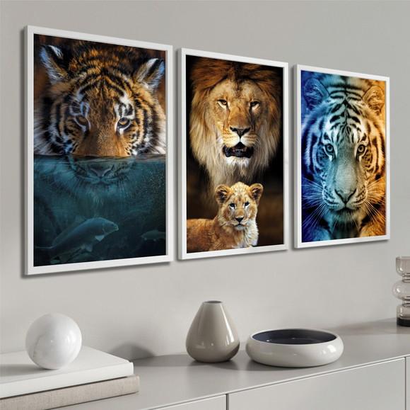Quadros Decorativos Leão Tigre Animais Modernos com Moldura