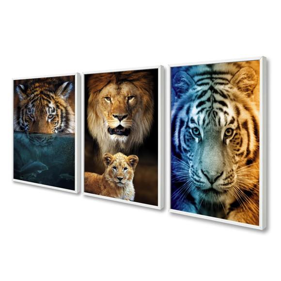 Quadros Decorativos Leão Tigre Animais Modernos com Moldura