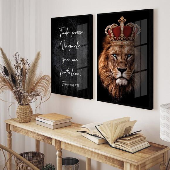 Quadros Decorativos Leão Frases Filipenses Moldura e Vidro