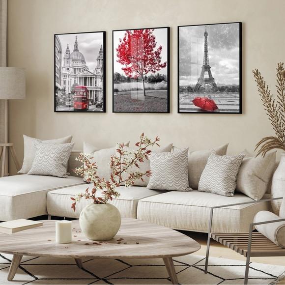 Quadros Decorativos Londres Paris Arvore Vermelha com Vidro