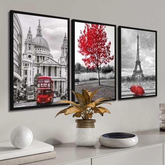 Quadros Decorativos Londres Paris Arvore Vermelha com Vidro