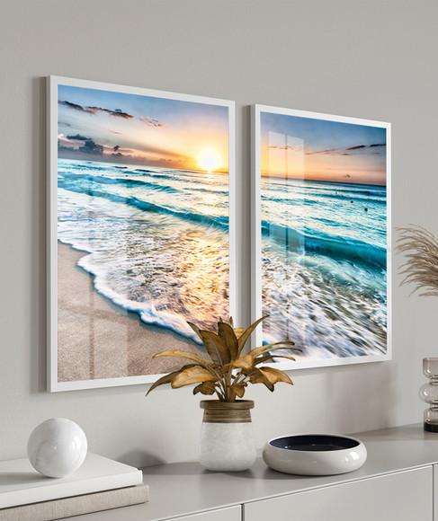Quadros Decorativos Mar Azul Paisagem Com Moldura e Vidro