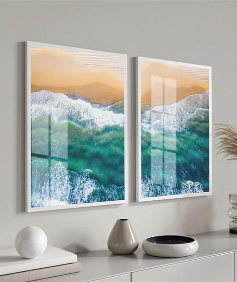 Quadros Decorativos Mar Azul Para Sala Quarto Moldura Vidro