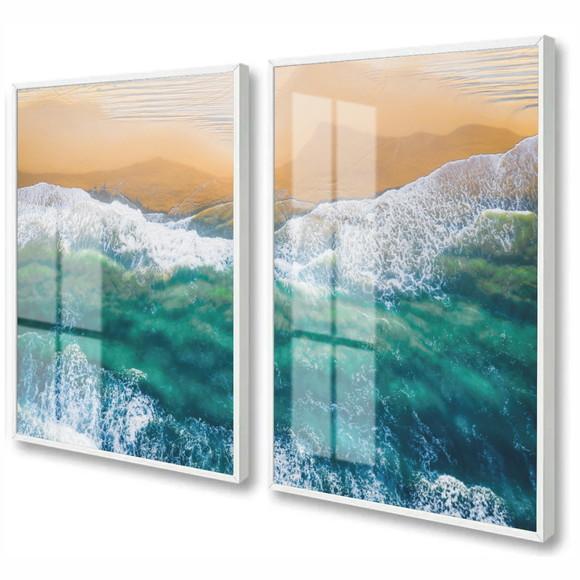 Quadros Decorativos Mar Azul Para Sala Quarto Moldura Vidro