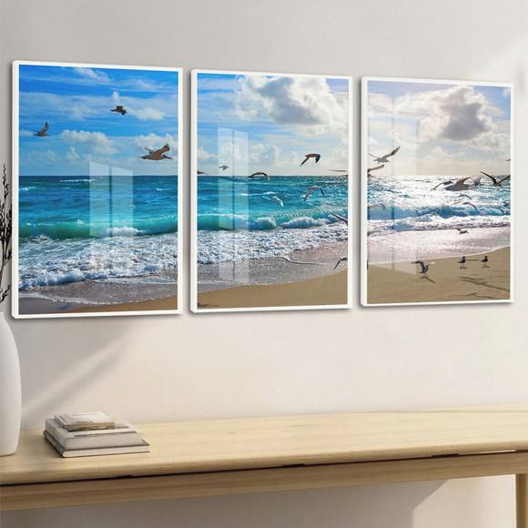 Quadros Decorativos Mar Gaivotas Paisagem Moldura e Vidro