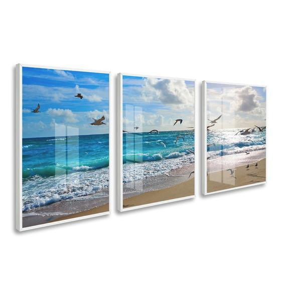 Quadros Decorativos Mar Gaivotas Paisagem Moldura e Vidro