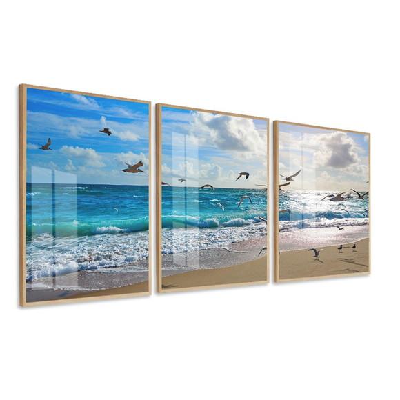 Quadros Decorativos Mar Paisagem Gaivotas Moldura e Vidro