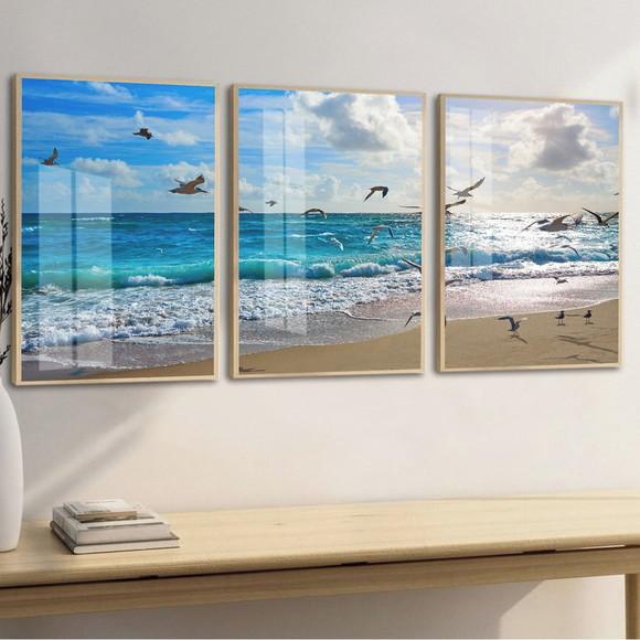 Quadros Decorativos Mar Paisagem Gaivotas Moldura e Vidro