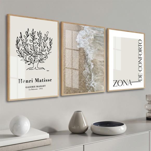 Quadros Decorativos Matisse Frases Praia com Moldura e Vidro