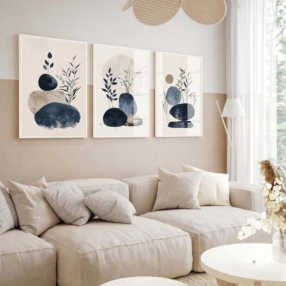 Quadros Decorativos Modernos Abstrato Folhas Azul com Vidro