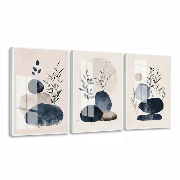 Quadros Decorativos Modernos Abstrato Folhas Azul com Vidro
