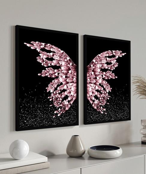 Quadros Decorativos Modernos Asas Rosa Borboletas Moldura