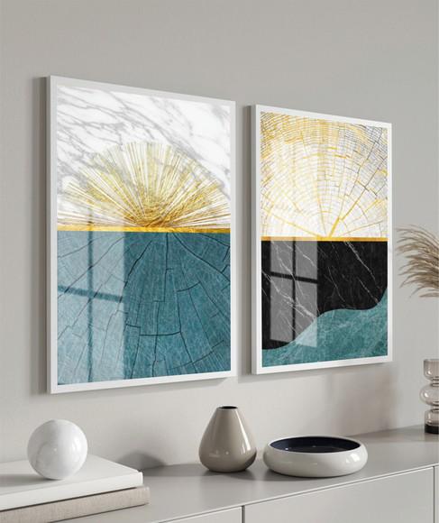Quadros Decorativos Modernos Azul Dourado Com Moldura Vidro