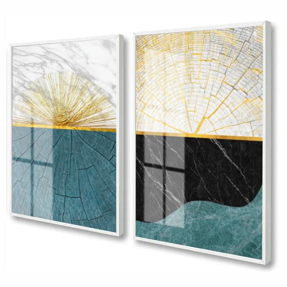 Quadros Decorativos Modernos Azul Dourado Com Moldura Vidro