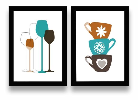 Quadros Decorativos Modernos Cozinha Xícaras Moldura e Vidro
