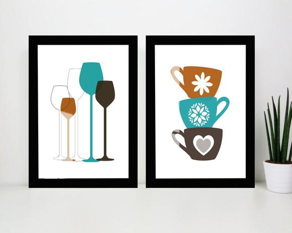 Quadros Decorativos Modernos Cozinha Xícaras Moldura e Vidro