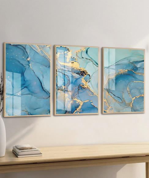 Quadros Decorativos Modernos Dourado Azul Moldura e Vidro
