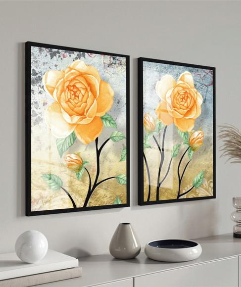 Quadros Decorativos Modernos Flor Amarela Com Moldura Vidro