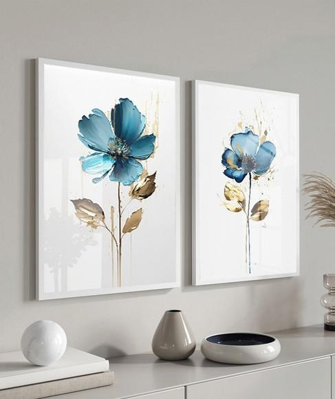 Quadros Decorativos Modernos Flores Azuis Moldura e Vidro