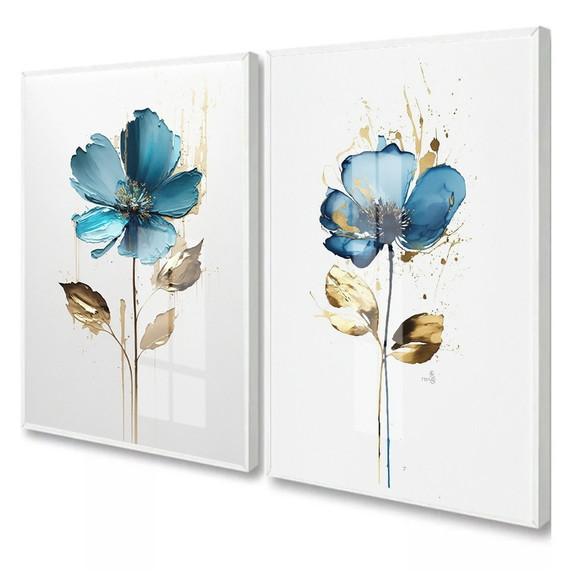 Quadros Decorativos Modernos Flores Azuis Moldura e Vidro